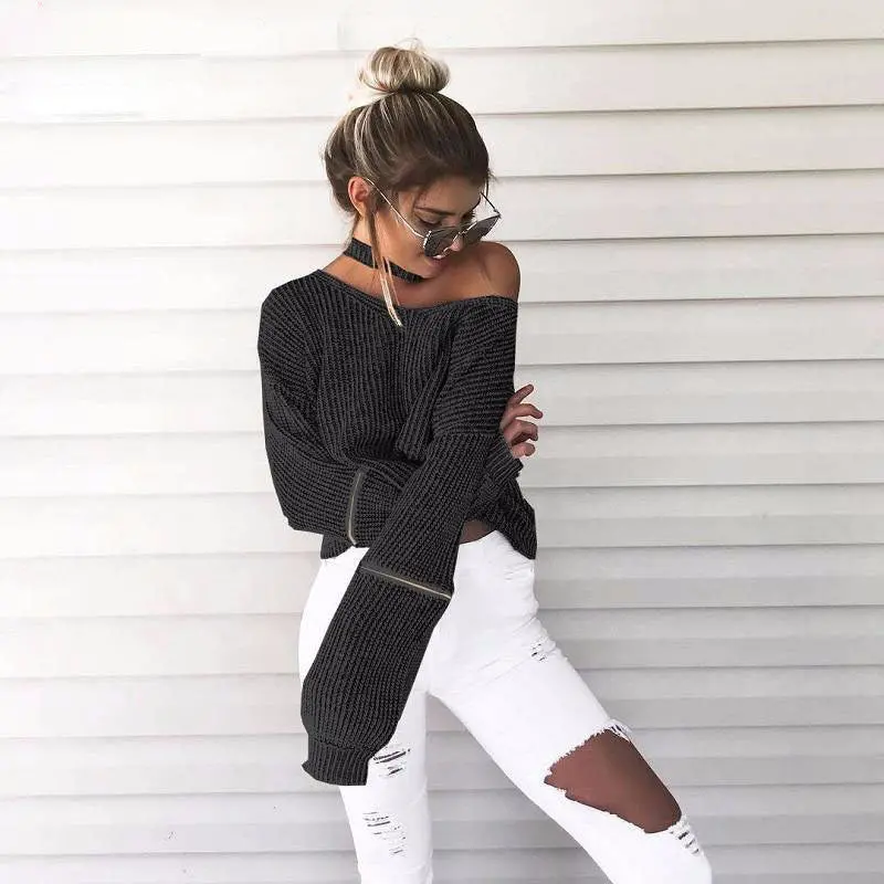 Loose Open Zipper Halter Knitted Sweater 4 Color Women Sweater Sexy V-Neck Long Sleeve Pull Femme Pullovers Gv356 1