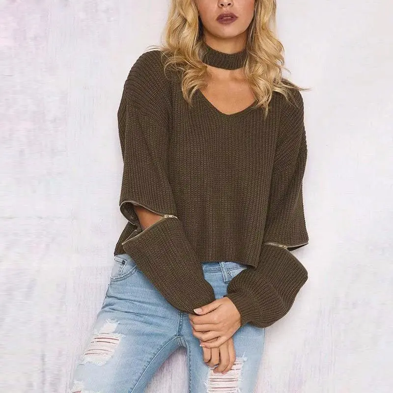 Loose Open Zipper Halter Knitted Sweater 4 Color Women Sweater Sexy V-Neck Long Sleeve Pull Femme Pullovers Gv356 2
