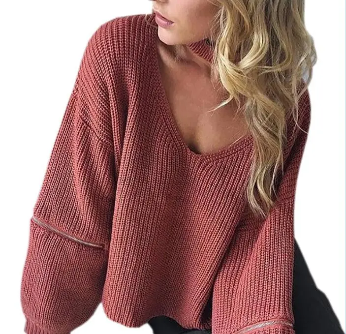 Loose Open Zipper Halter Knitted Sweater 4 Color Women Sweater Sexy V-Neck Long Sleeve Pull Femme Pullovers Gv356 4