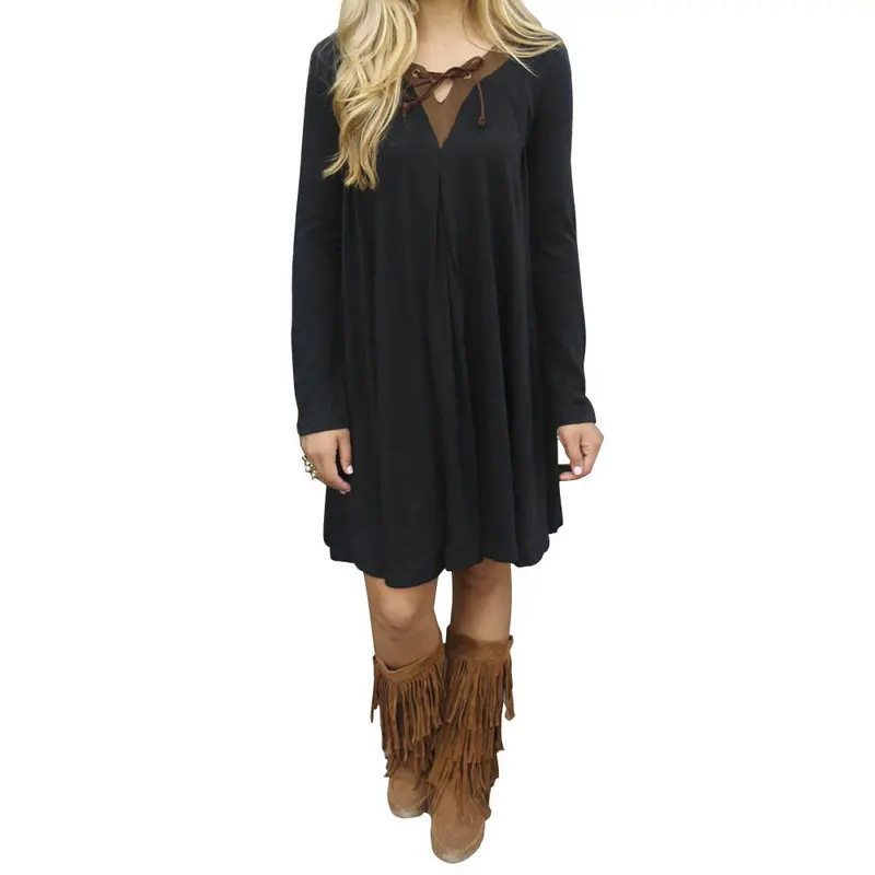Loose Plus Size Casual Dress Mini V-Neck Long Sleeve Dresses Patchwork Sleeve Oversize Women Clothing 2
