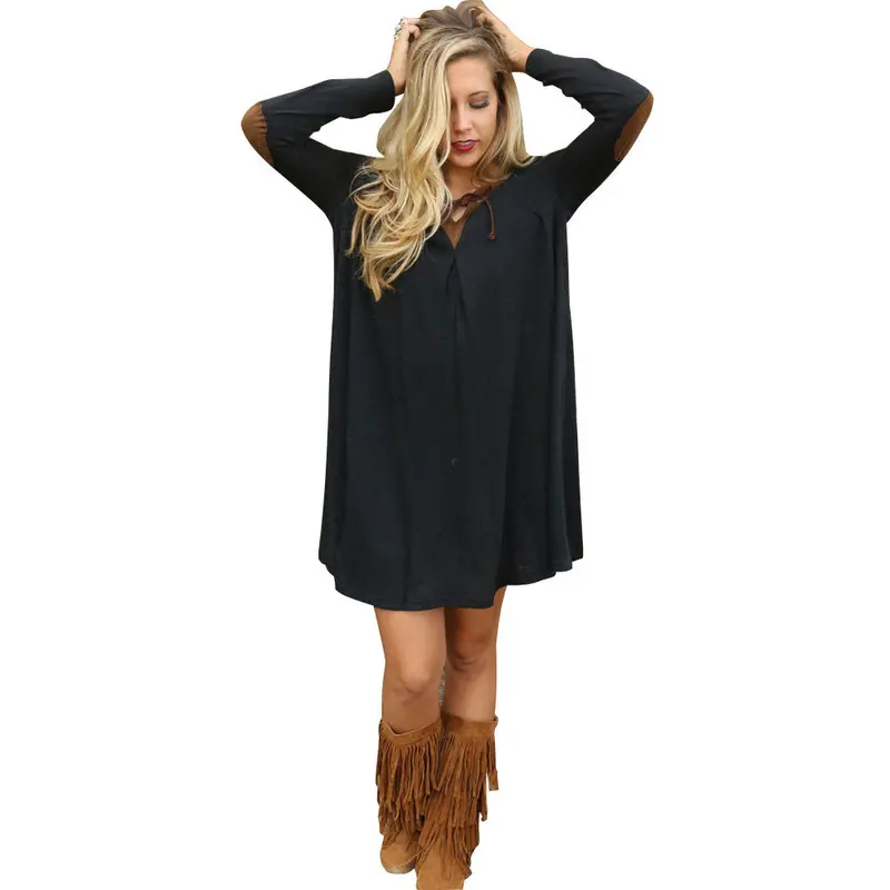 Loose Plus Size Casual Dress Mini V-Neck Long Sleeve Dresses Patchwork Sleeve Oversize Women Clothing 3