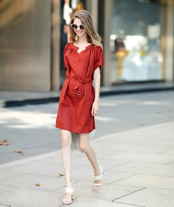 Loose Slim Mini Women Dress V-Neck Short Sleeve Brief Linen Dress Casual Plus Size Elegant Vestidos 2320 3