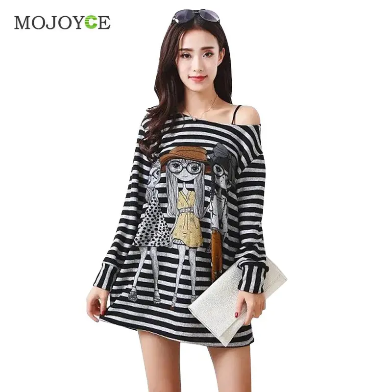 Loose Stripe Long Tee Shirt Fashion T Shirt Tops Women New Cartoon Printing Cropped Plus Size Long Sleeve Blusa Crop Top 1