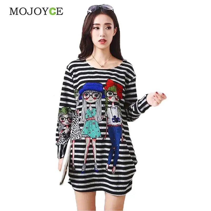 Loose Stripe Long Tee Shirt Fashion T Shirt Tops Women New Cartoon Printing Cropped Plus Size Long Sleeve Blusa Crop Top 3