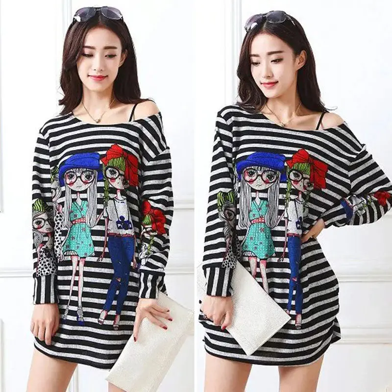Loose Stripe Long Tee Shirt Fashion T Shirt Tops Women New Cartoon Printing Cropped Plus Size Long Sleeve Blusa Crop Top 4