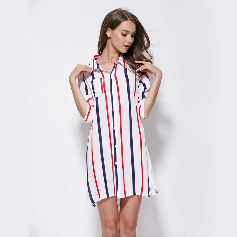 Loose Vertical Stripedblouses Casual Long Shirts Blouses Tops 2