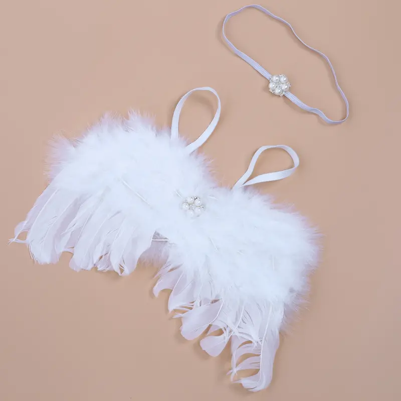 Lovely Baby Born Pography Props Infant Girls White Angel Feather Wing Costume + Headbs Kids Outfit Po Prop 1