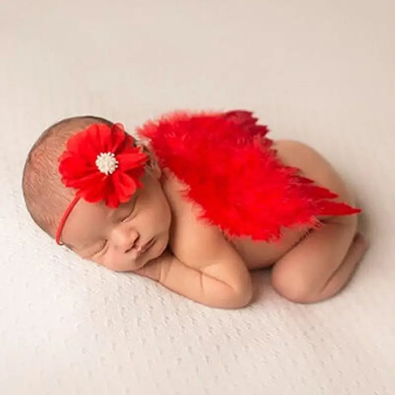 Lovely Born Pography Props Baby Boys Girls Red Angel Wings Feather Butterfly Wings Girls Hair Accessories 1