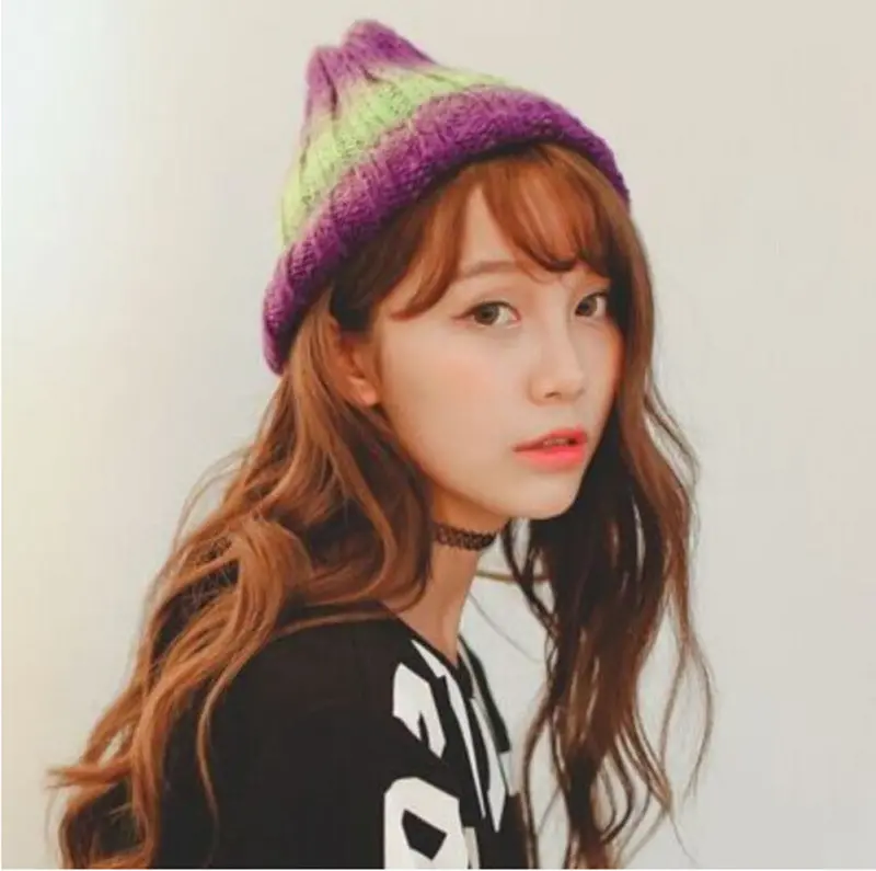 Lovely Gradient Colorful Knit Sweater Ring Warm Beanie Cap Women Knitted Curling Hats Men Beanies Skullies 1