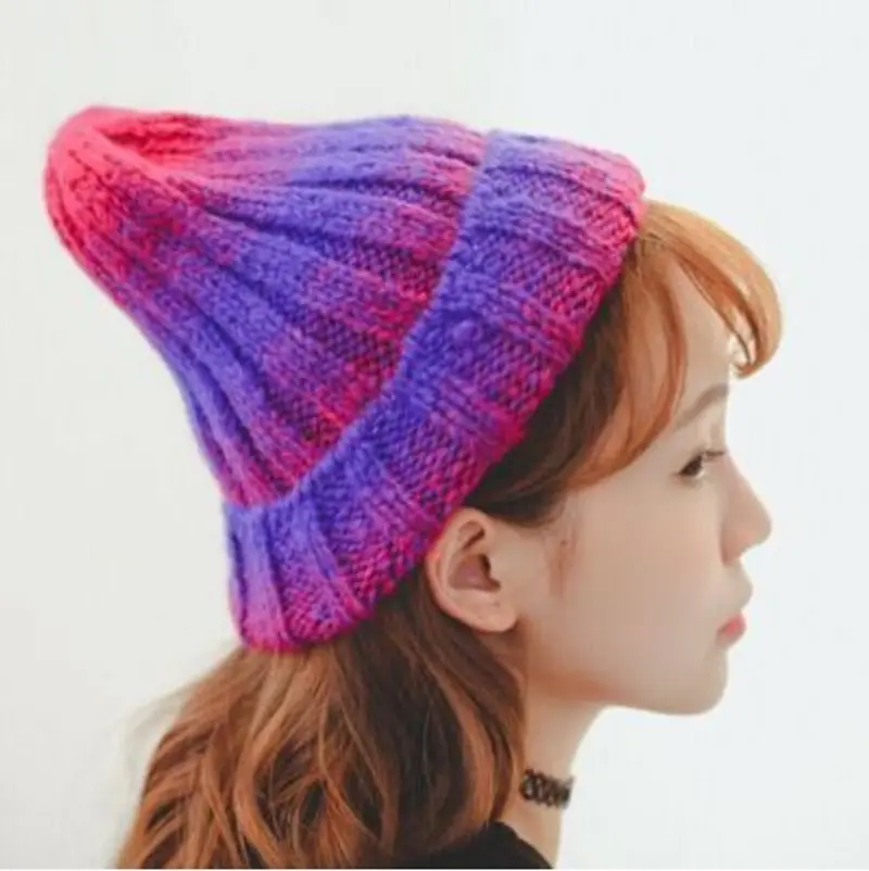 Lovely Gradient Colorful Knit Sweater Ring Warm Beanie Cap Women Knitted Curling Hats Men Beanies Skullies 2