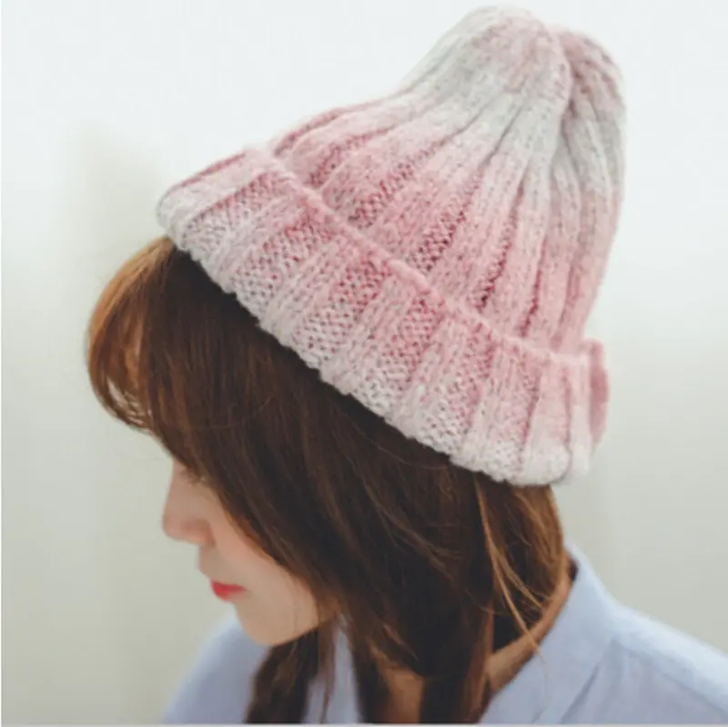 Lovely Gradient Colorful Knit Sweater Ring Warm Beanie Cap Women Knitted Curling Hats Men Beanies Skullies 3