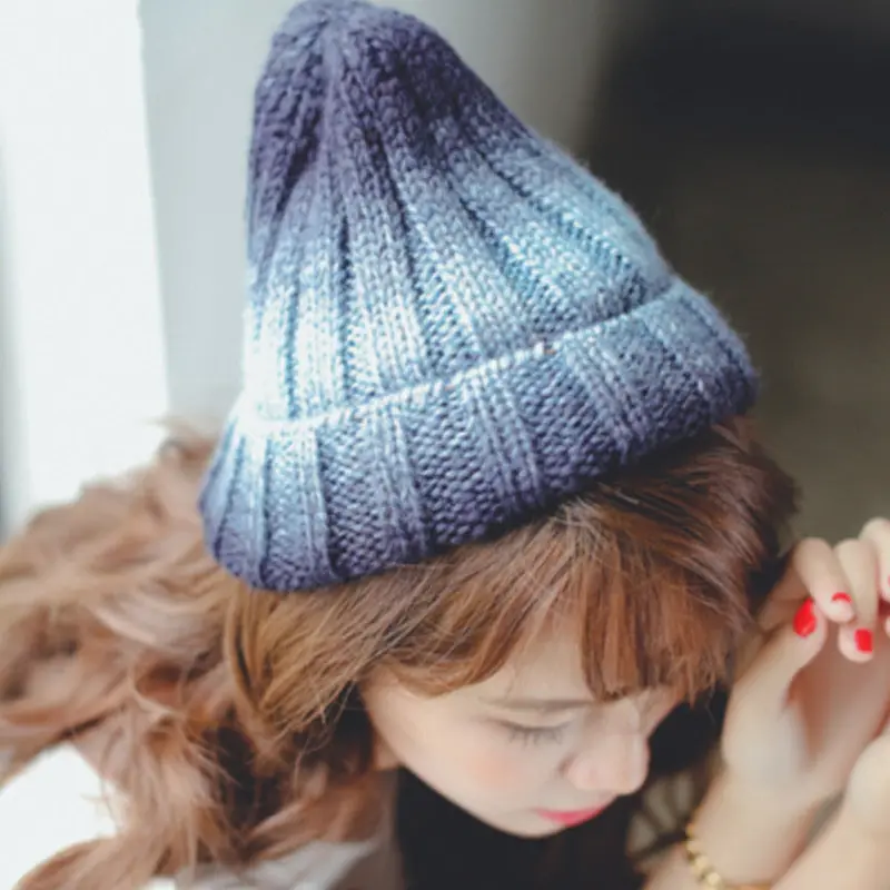 Lovely Gradient Colorful Knit Sweater Ring Warm Beanie Cap Women Knitted Curling Hats Men Beanies Skullies 4