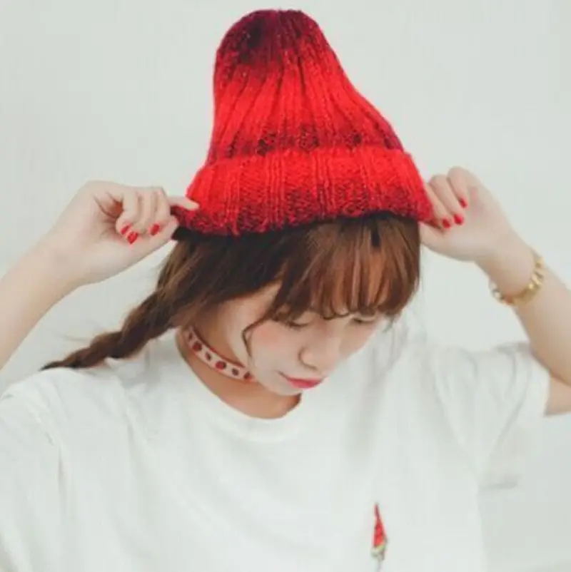 Lovely Gradient Colorful Knit Sweater Ring Warm Beanie Cap Women Knitted Curling Hats Men Beanies Skullies 5