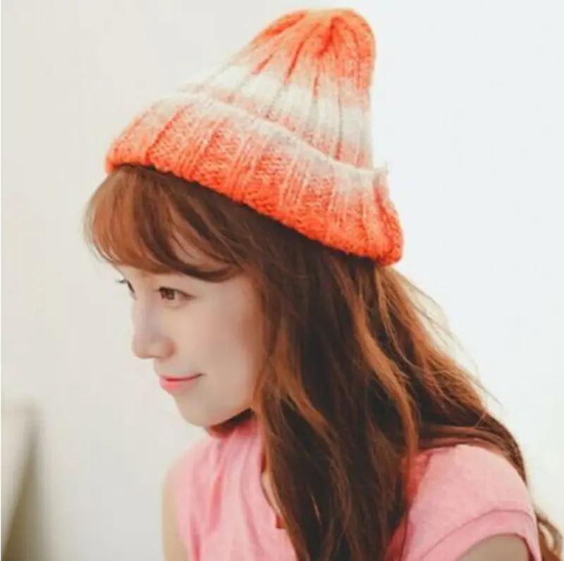 Lovely Gradient Colorful Knit Sweater Ring Warm Beanie Cap Women Knitted Curling Hats Men Beanies Skullies 7