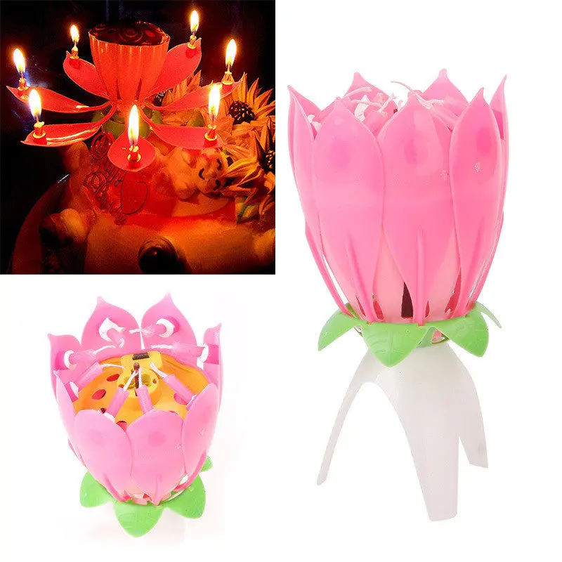 Lovely Party Gift Flower Happy Birthday Blossom Lotus Musical Candle Romantic 73343 1