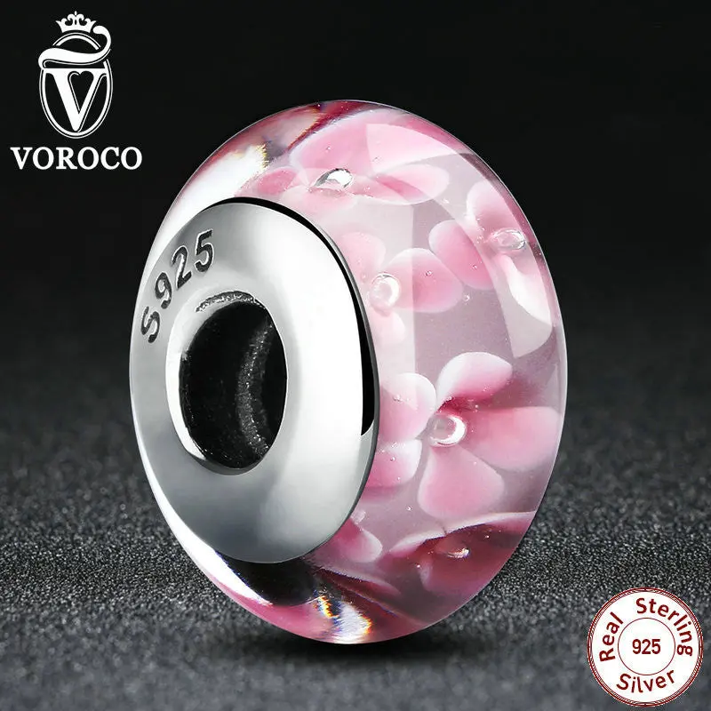 Lovely Pink Flower Pattern European Glass Beads Charms For Girl Fit Pandora Bracelets Bangles Z008 1