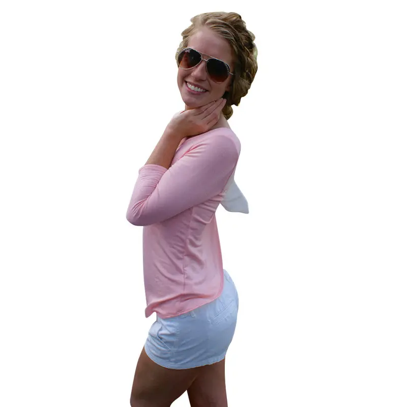 Lovely Pink Women Back Bowknot T Shirt Round Neck 3/4 Sleeve Backless Shirt Fashion Sexy Tops 1