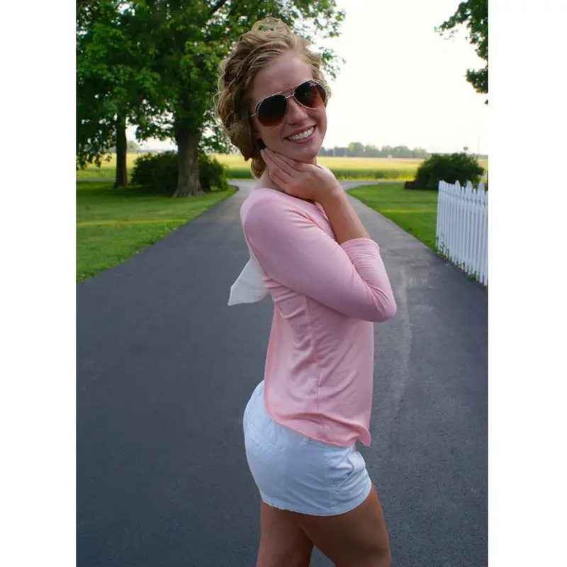 Lovely Pink Women Back Bowknot T Shirt Round Neck 3/4 Sleeve Backless Shirt Fashion Sexy Tops 4