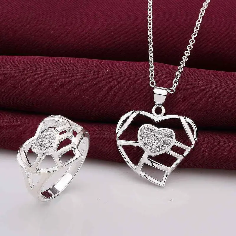Lovely Silver Jewelry Sets Heart Hollow Heart R+E+N Sets Margarida 3 2