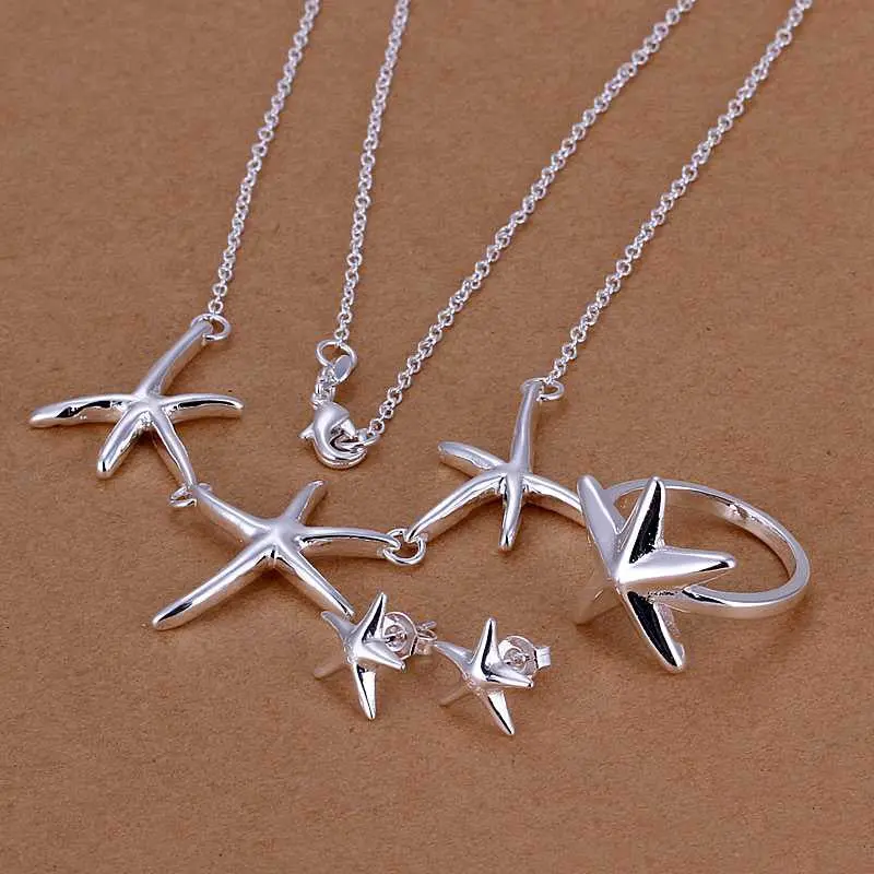 Lovely Silver Plated Jewelry Sets Starfish Necklace&Earring&Ring African Jewelry Set Bijoux Femme 79 1