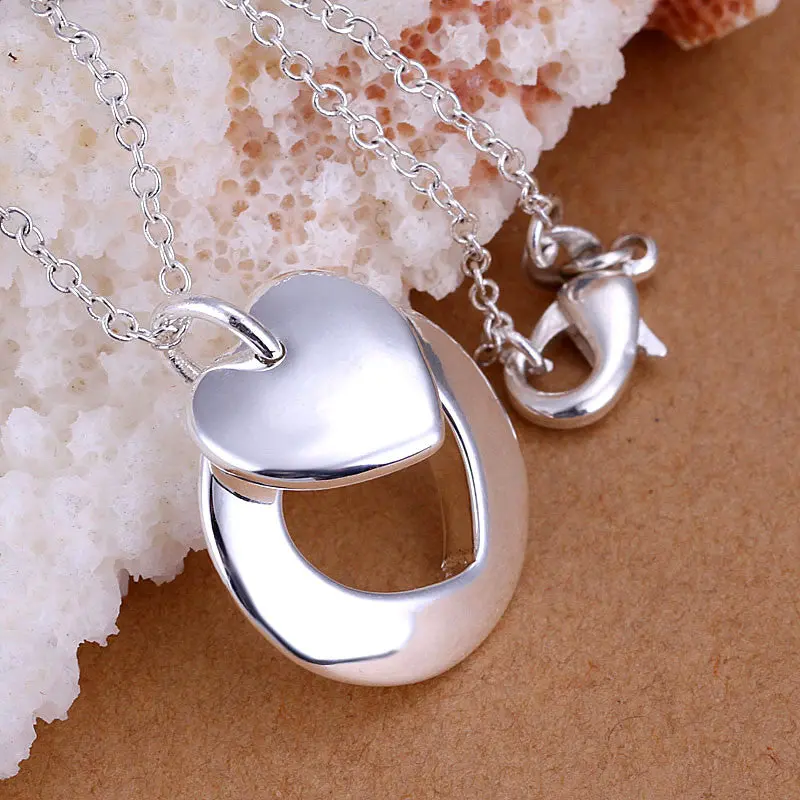 Lovely Silver Plated Pendant Couple Heart Big Necklace Fine Jewelry 1