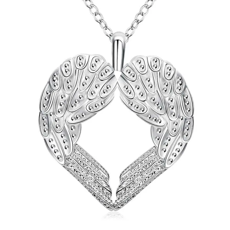 Lovely Silver Plated Pendant Necklace Angel Heart Wings Bead Necklace Elegant 357 1
