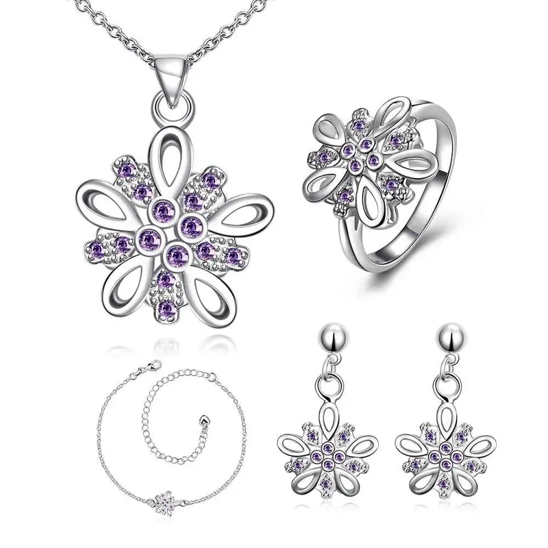 Lovely Silver Plated Stamp Jewelry Set Crystal Flower Cluster Necklace + Ring + Earrings Men Jewelry 1