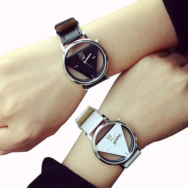 Lover's Watch 2Pcs Unique Hollowedout Triangular Dial Black Watches Clock Relogio Masculino 2