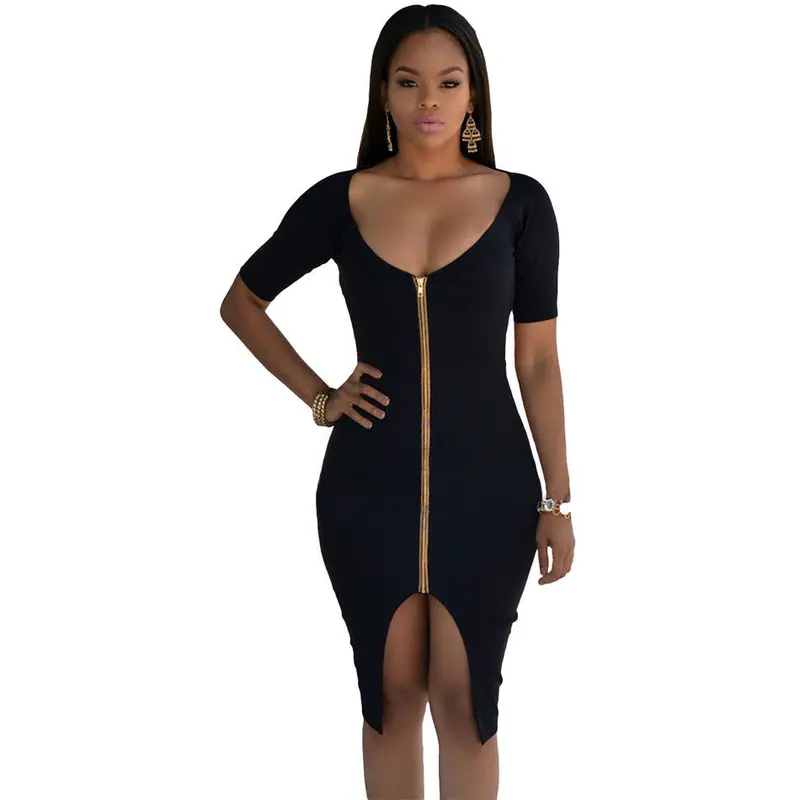 Low-Cut Front-Zip Black Midi Dress Bodycon Backless Dress Party Night Sexy Dress Club Wear Vestido De Festa 1