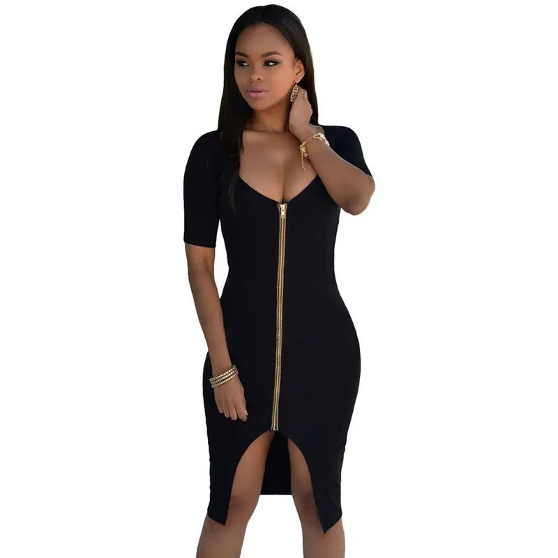 Low-Cut Front-Zip Black Midi Dress Bodycon Backless Dress Party Night Sexy Dress Club Wear Vestido De Festa 4