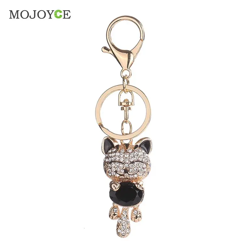 Lucky Smile Cat Crystal Keyrings Purse Bag Car Keychains Fashion Jewelry Rhinestone Key Ring 1