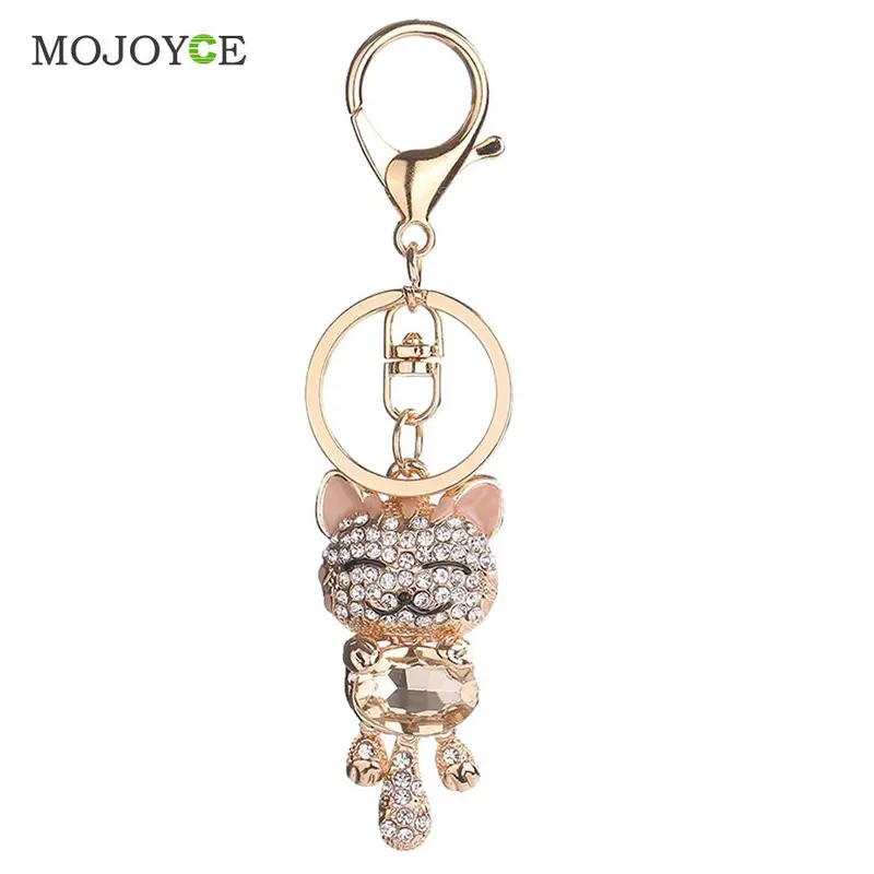 Lucky Smile Cat Crystal Keyrings Purse Bag Car Keychains Fashion Jewelry Rhinestone Key Ring 2
