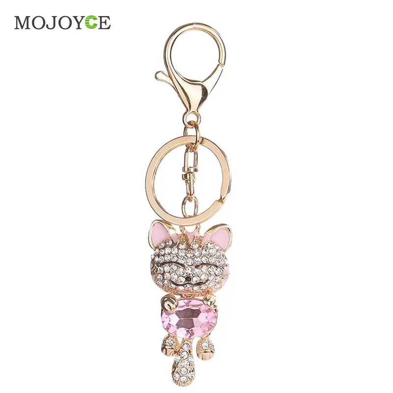 Lucky Smile Cat Crystal Keyrings Purse Bag Car Keychains Fashion Jewelry Rhinestone Key Ring 3