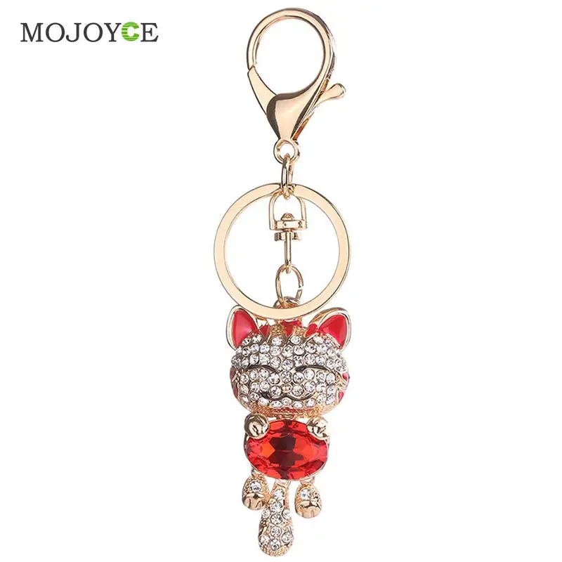 Lucky Smile Cat Crystal Keyrings Purse Bag Car Keychains Fashion Jewelry Rhinestone Key Ring 4