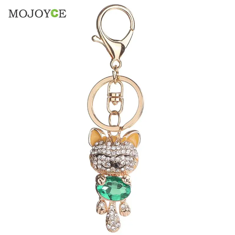 Lucky Smile Cat Crystal Keyrings Purse Bag Car Keychains Fashion Jewelry Rhinestone Key Ring 6
