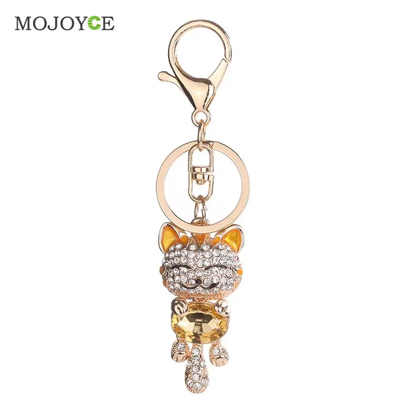 Lucky Smile Cat Crystal Keyrings Purse Bag Car Keychains Fashion Jewelry Rhinestone Key Ring 7