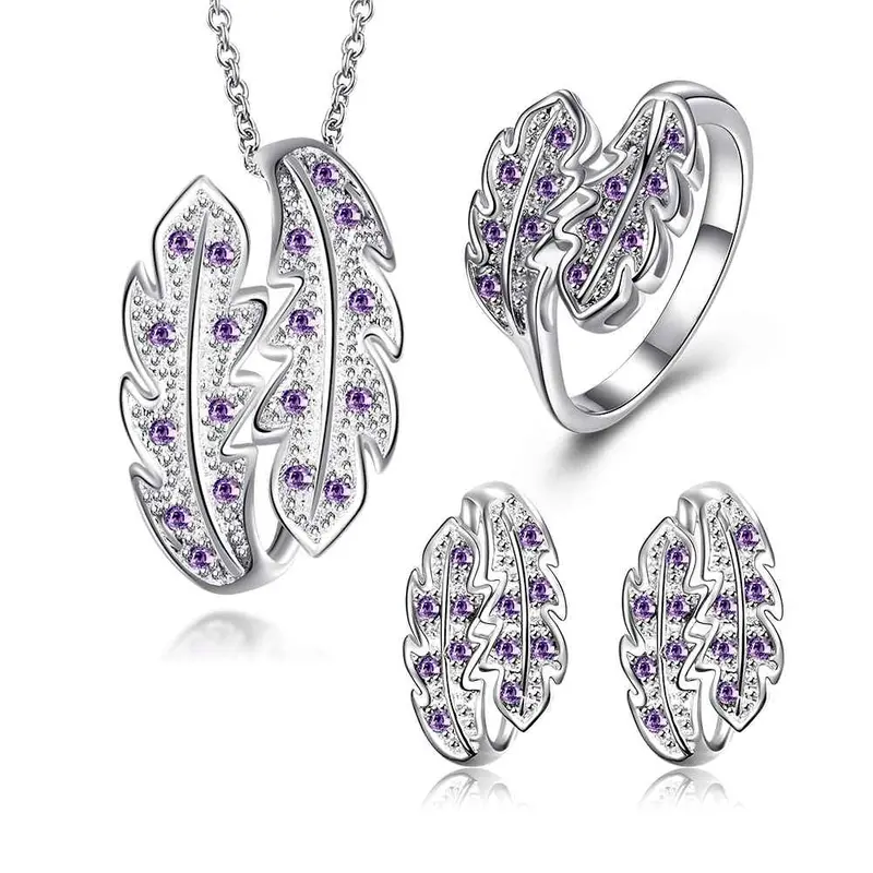 Luxurio Silver Jewelry Set Leaf Crystal Necklace Ring Earrings Sets Diy 18 2