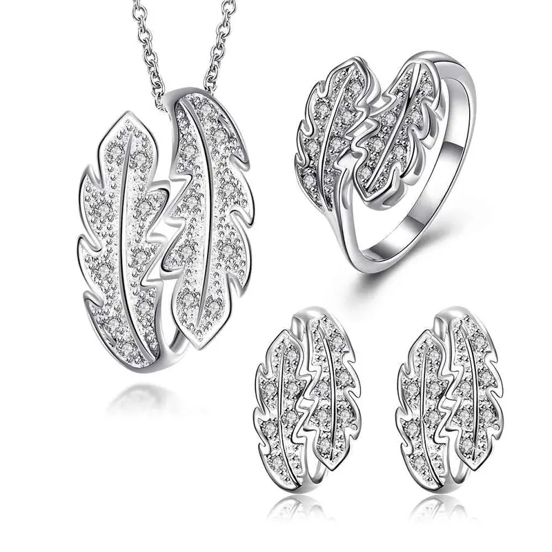 Luxurio Silver Jewelry Set Leaf Crystal Necklace Ring Earrings Sets Diy 18 3