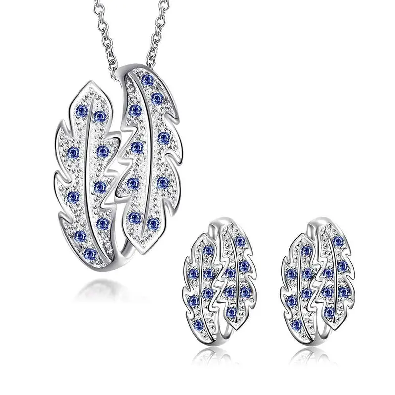 Luxurio Silver Jewelry Set Leaf Crystal Necklace Ring Earrings Sets Diy 18 4