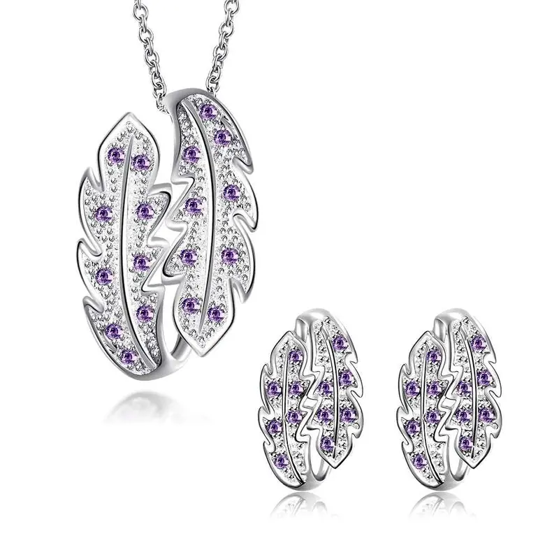 Luxurio Silver Jewelry Set Leaf Crystal Necklace Ring Earrings Sets Diy 18 5