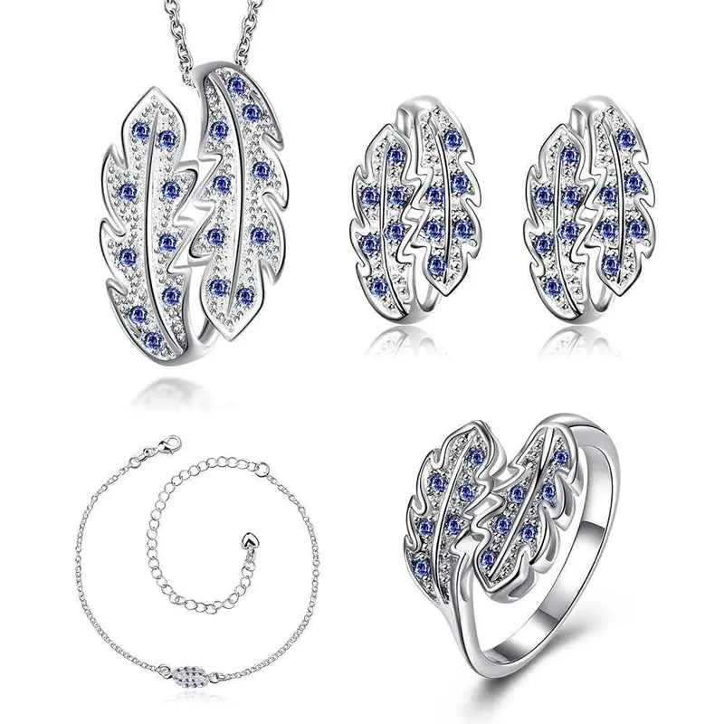 Luxurio Silver Jewelry Set Leaf Crystal Necklace Ring Earrings Sets Diy 18 7