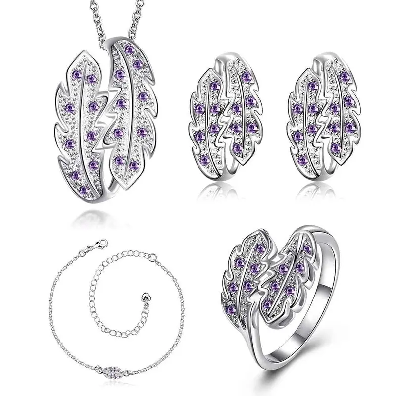 Luxurio Silver Jewelry Set Leaf Crystal Necklace Ring Earrings Sets Diy 18 8