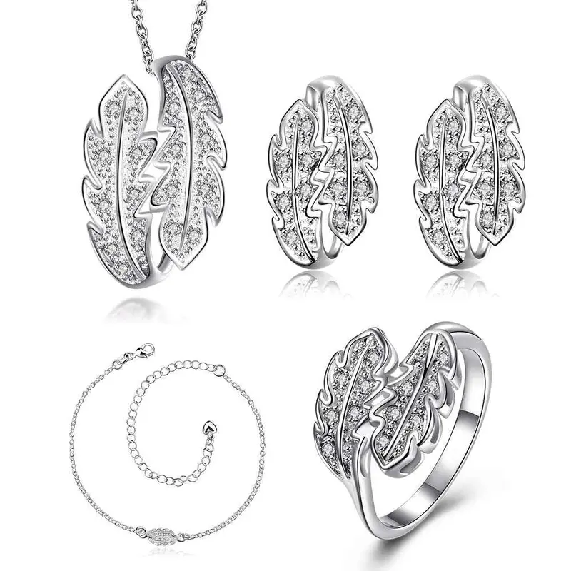 Luxurio Silver Jewelry Set Leaf Crystal Necklace Ring Earrings Sets Diy 18 9