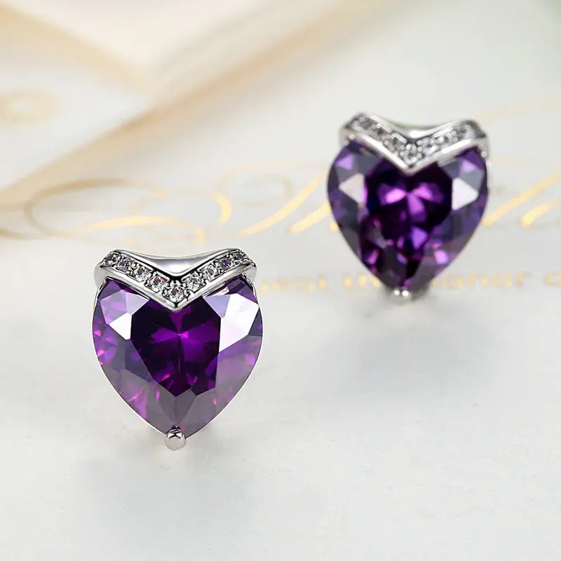 Luxury 18K Purple Heart Cut Zircon Popular Stud Earrings For Brincos E101-Vt 2