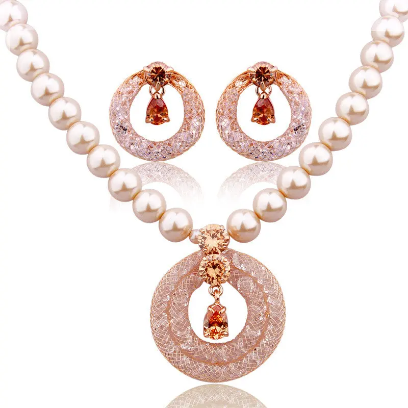 Luxury Anniversary Pearl Sets For Champagne Gold Plated Zircon Crystal Necklace + Earrings Sets 1