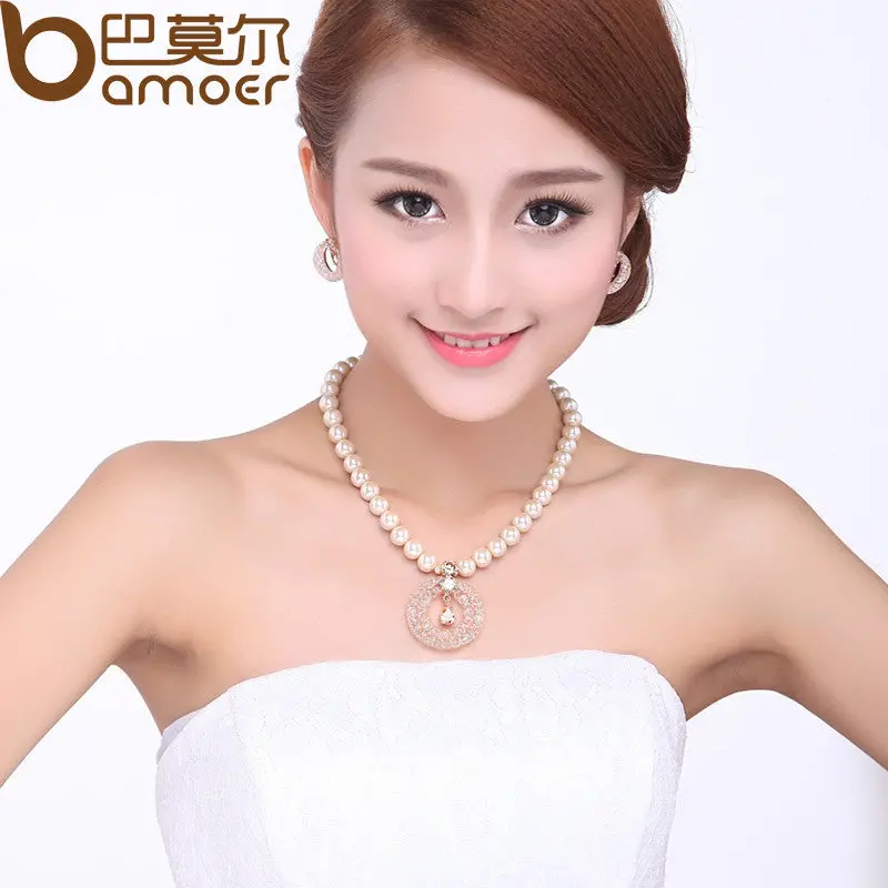 Luxury Anniversary Pearl Sets For Champagne Gold Plated Zircon Crystal Necklace + Earrings Sets 2
