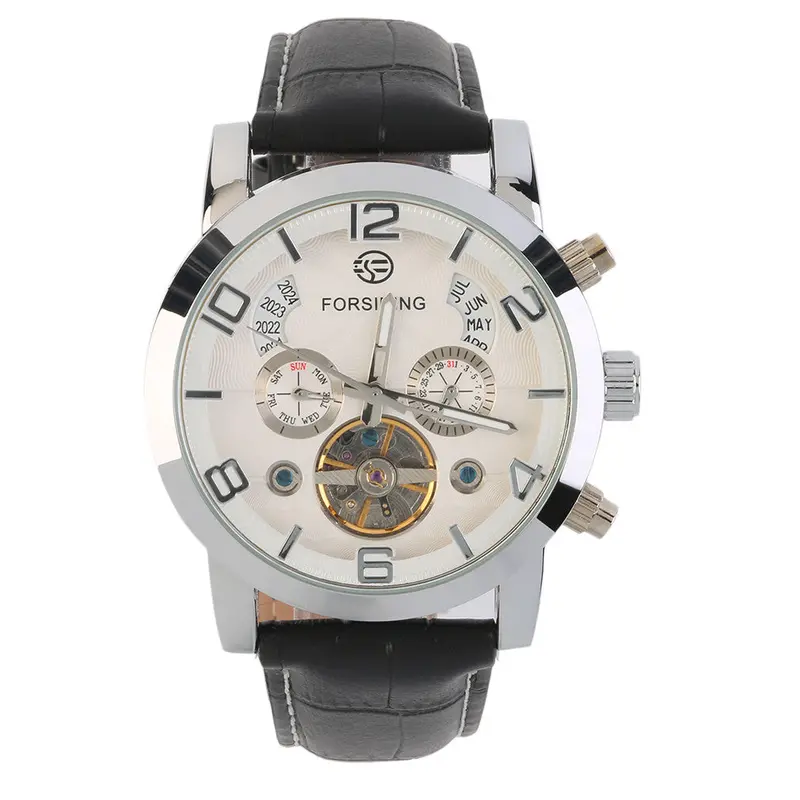 Luxury Automatic Mechanical Watch Faux Leather Band Hollow Wrist Watch Week Calendar Relogio Releges Masculinos 1