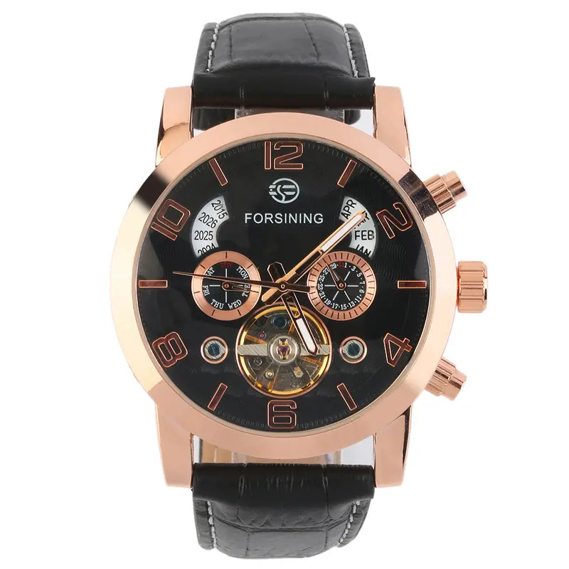 Luxury Automatic Mechanical Watch Faux Leather Band Hollow Wrist Watch Week Calendar Relogio Releges Masculinos 2