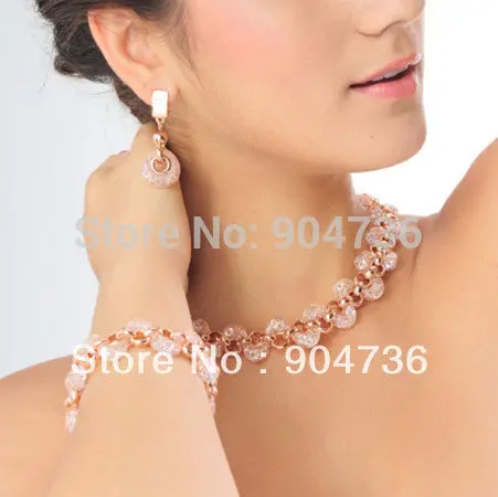 Luxury Catring 18K Rose Gold Rose Wire Crystal Necklace Earrings Bracelets Wedding Set 2