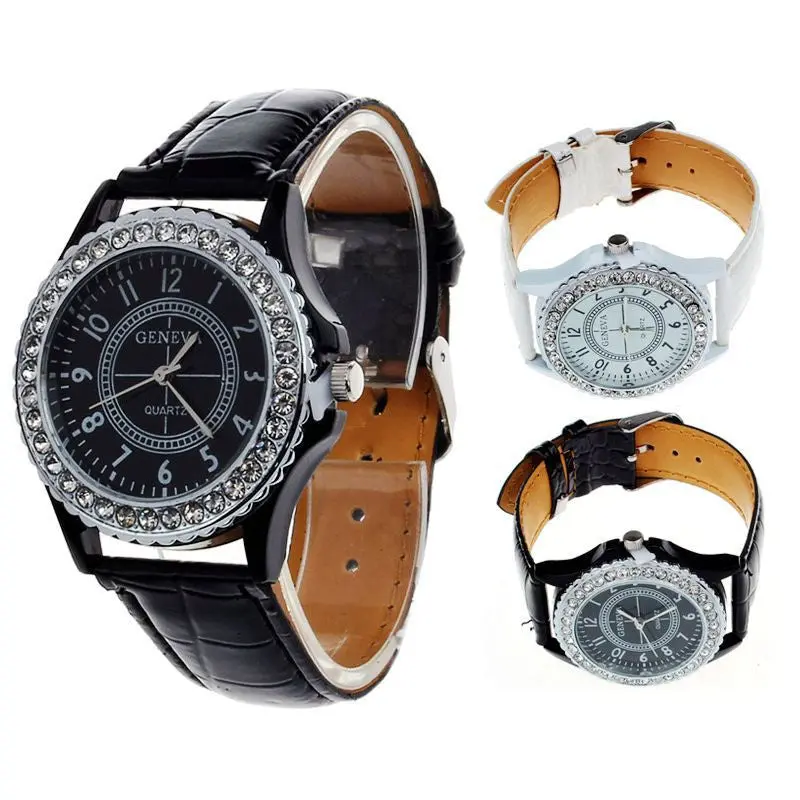 Luxury Crystal Watch Bling Formal Dress Watches For Couple Business Leather Reloj Geneva Wristwatch 1